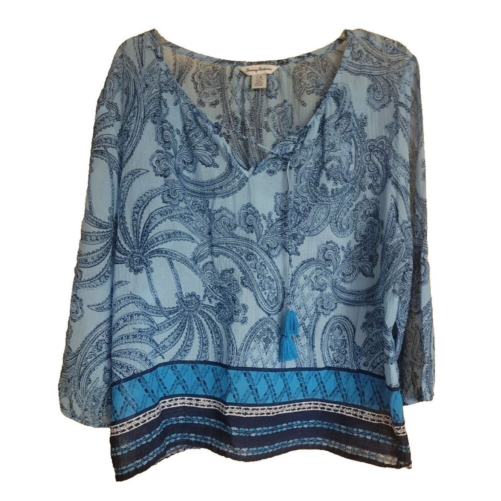 Tommy Bahama Puerto Paisley Sheer Peasant Top Coverup Shirt Blouse Blue SZ Large